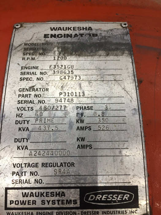 Waukesha 3521GU Generator, 350KW, 480 Volt, Natural gas (CORE) (Damaged Engine Block)