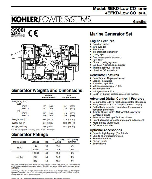NEW Kohler 5KW, 120 Volt, 60HZ, 1PH, Marine Generator, Gasoline