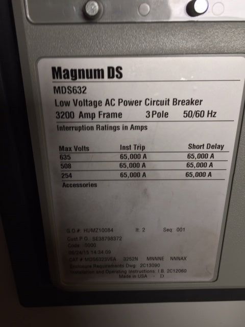Eaton Digitrip 250, Magnum DS MDS632, 3200 amps Low Voltage Circuit Breaker