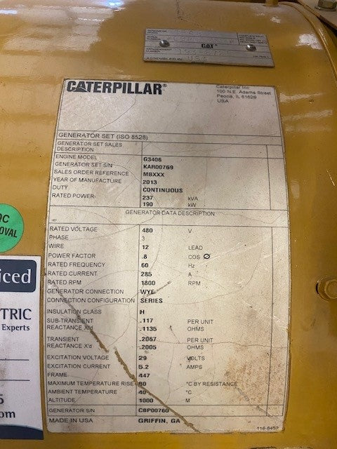 Caterpillar 3406 Refurbished 480V, 190KW, Natural Gas, Continuous Gensets