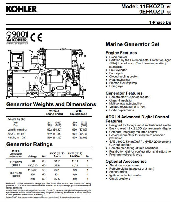New Kohler Marine Generator, 11KW, 120/240 volt, 1 phase, Diesel (Call for  Pricing )