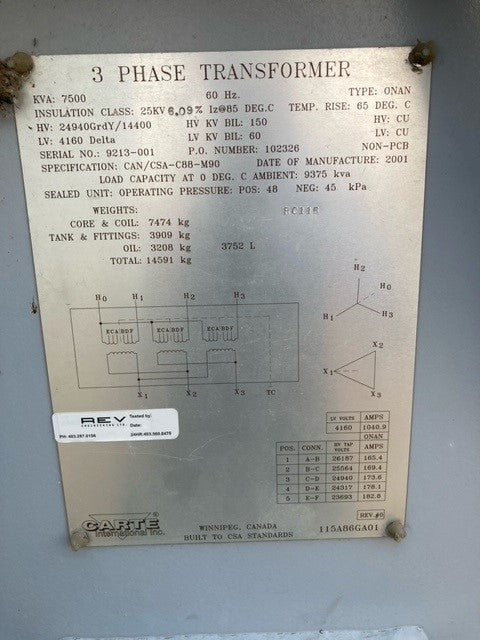 CARTE 7500KVA 3 PHASE TRANSFORMER (CALL FOR PRICING)