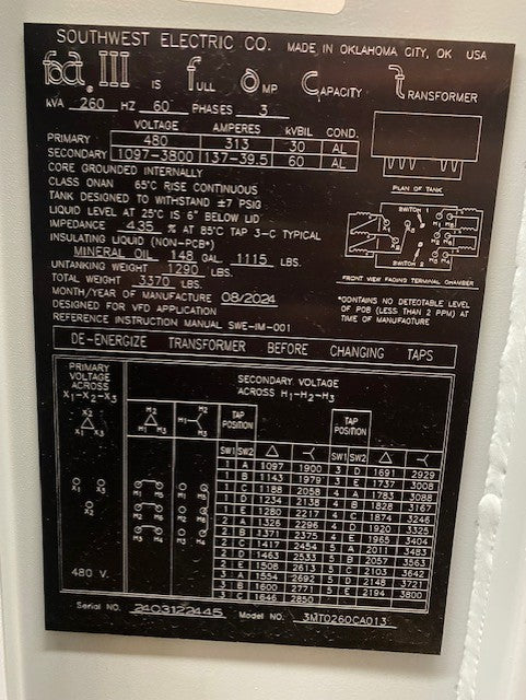 NEW SOUTHWEST ELECTRIC FACT3,260KVA,480 VOLT TRANSFORMER