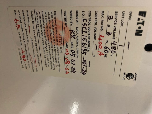 NEW EATON HKD 400AMP, 3 POLES, 600, 250 VDC/CC BREAKER