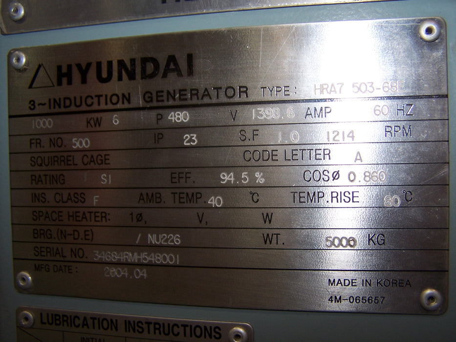 HYUNDAI, 1000KW, INDUCTION S/N 3468RM-1548001 1200RPM, 60HZ, 3PH, 480 VOLT