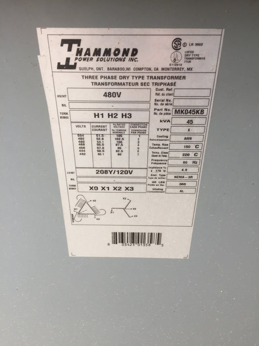 Hammond 480 volt 3 phase dry type transformer
